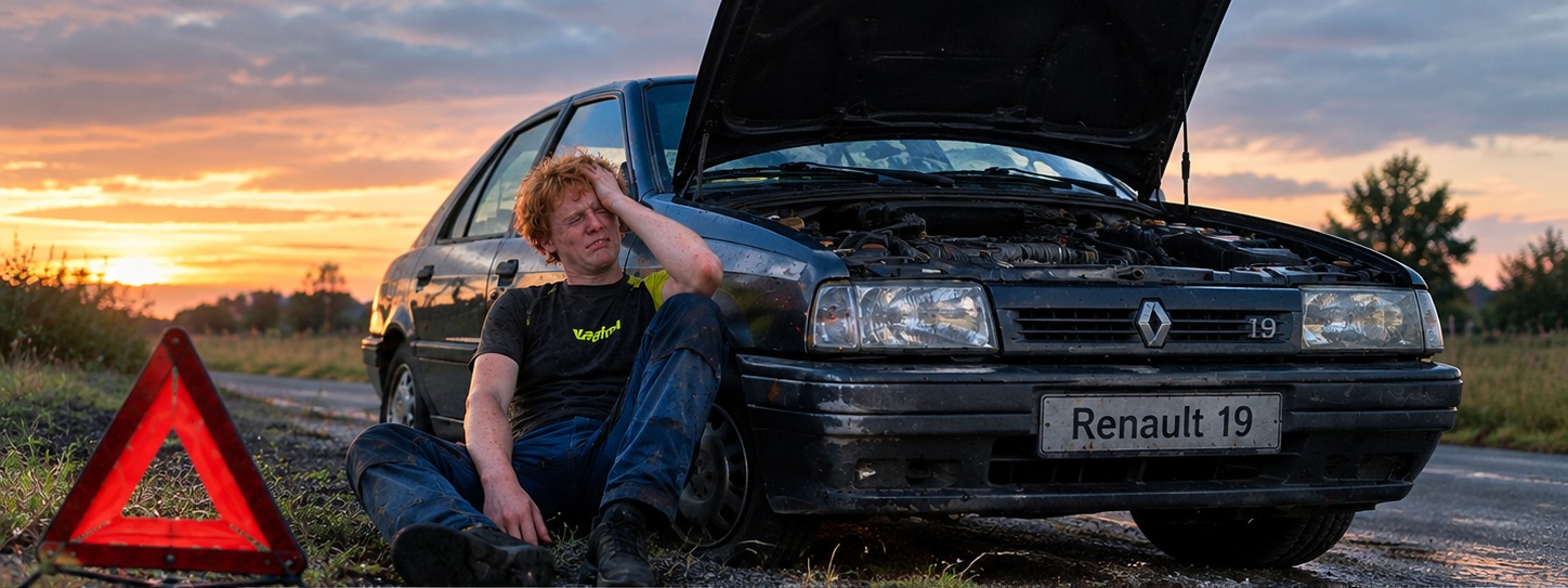 Cenzo assis près de sa Renault 19 en panne