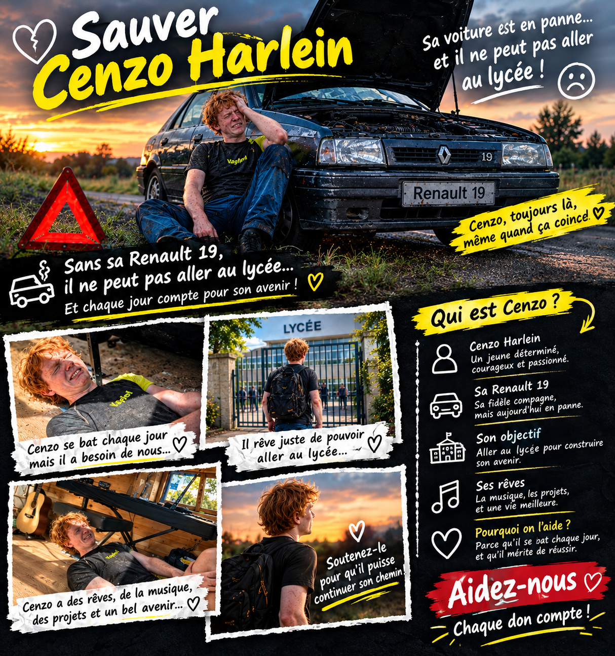 Collage racontant l'histoire de Cenzo